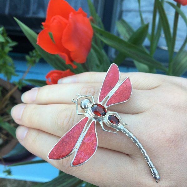 Red Dragonfly Brooch with open tulip