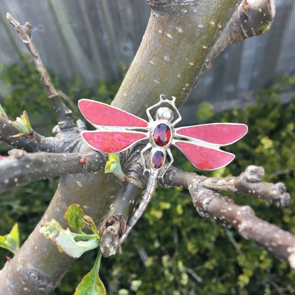 Red Dragonfly Brooch on Tree