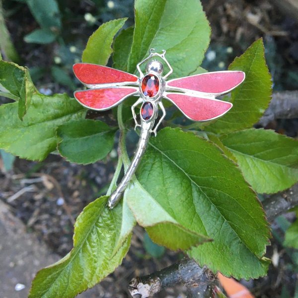 Red Dragonfly Brooch on leaves