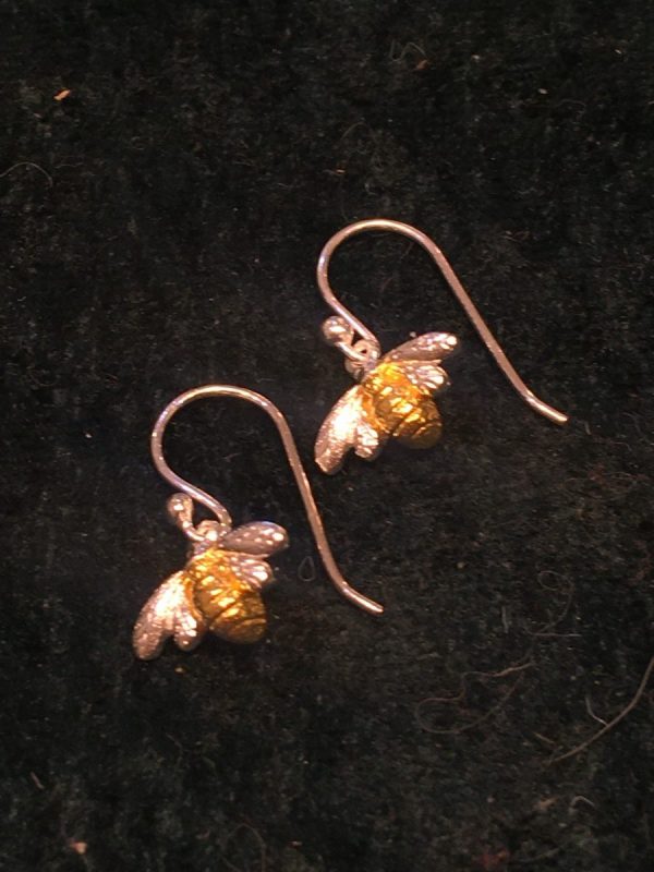 Small Silver Bee Drop Earrings with Gold Highlights SG2841