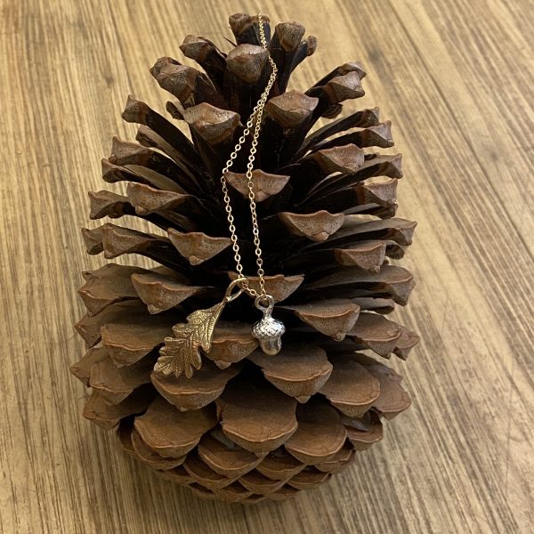 Acorn and Oak Leaf Pendant on pine cone full