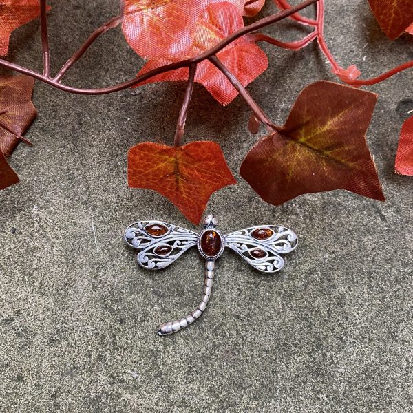 amber dragonfly brooch outdoors