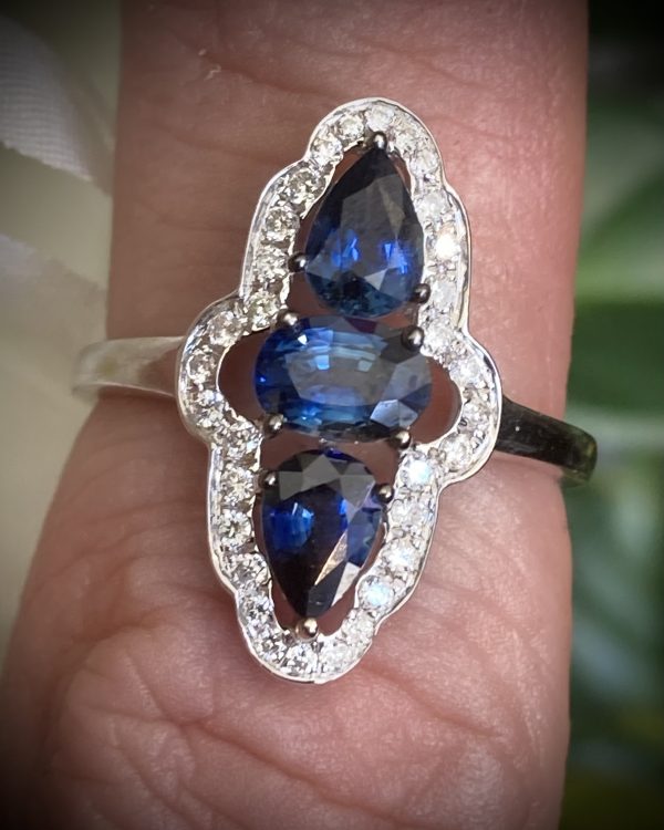 Sapphire Pear and Oval Trilogy 1.53ct with Ornate Diamond Halo ACVAPPX113B